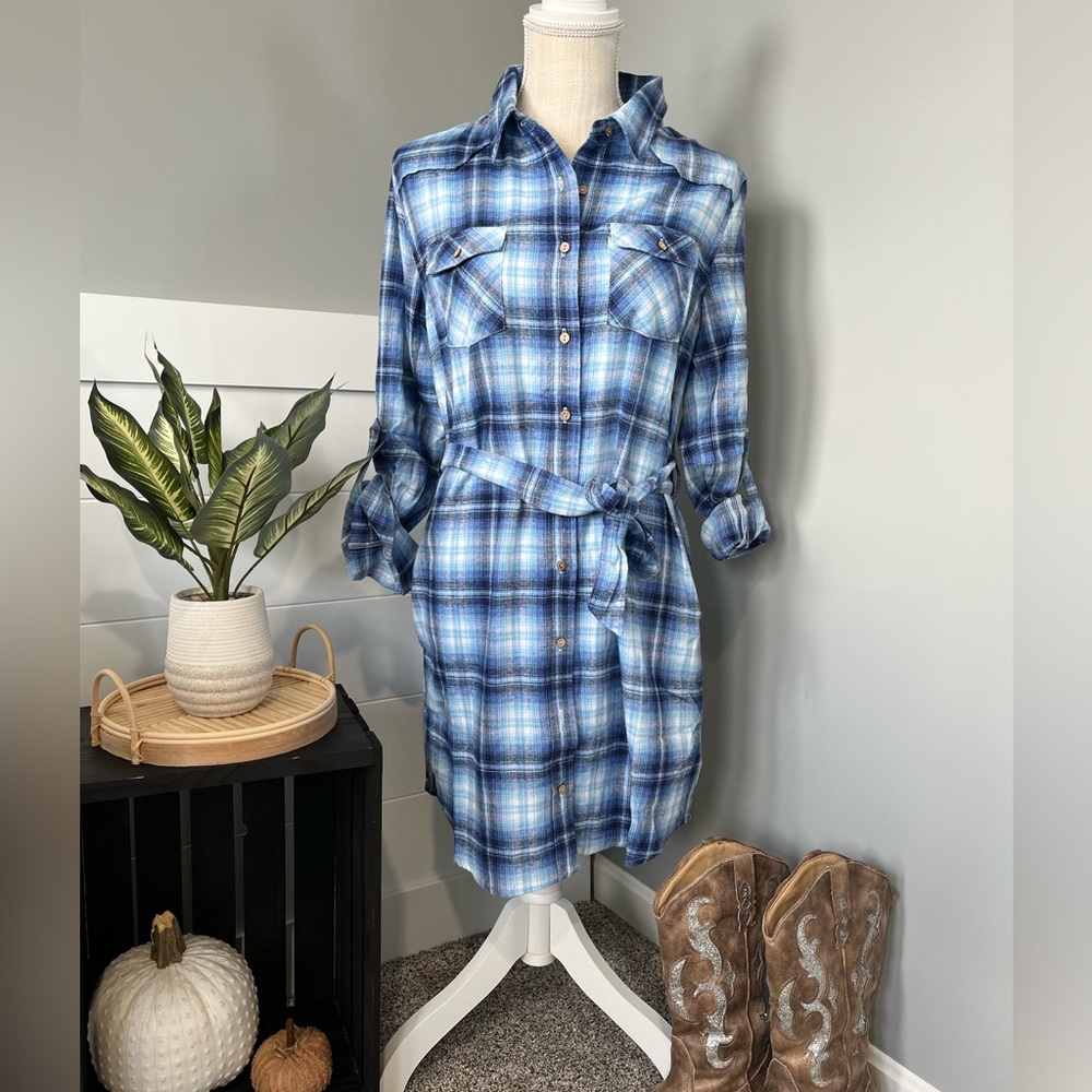 Blue Plaid Flannel Shirtdress